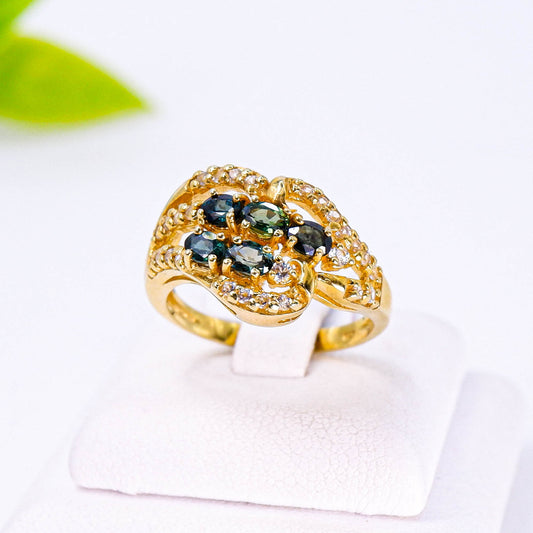 แหวนเงินแท้ 925 ฝังพลอย เขียวส่อง (green Sapphire) + ไวท์โทพาส (whitetopaz)
