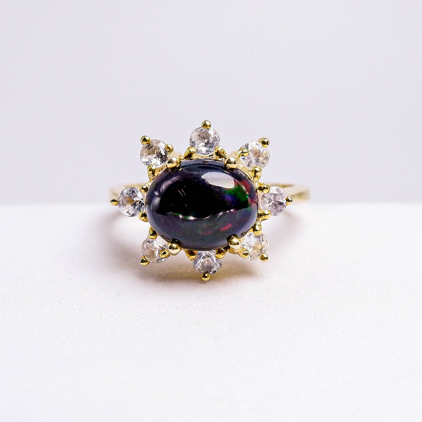 แหวนเงินแท้ 925 ฝังพลอย แบล็คโอปอล (Black Opal) + เซอร์คอน (Zircon)