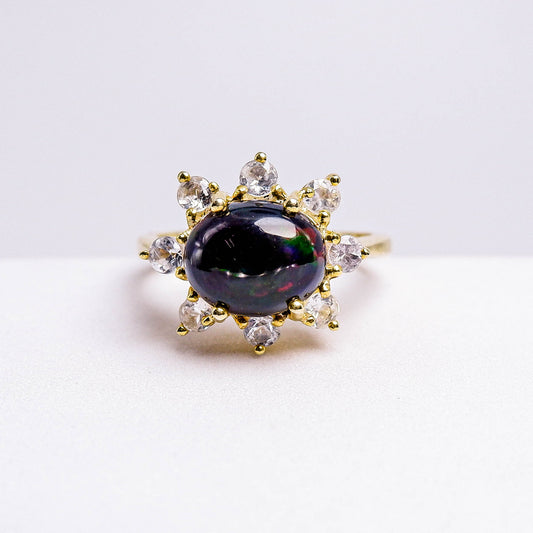 แหวนเงินแท้ 925 ฝังพลอย แบล็คโอปอล (Black Opal) + เซอร์คอน (Zircon)