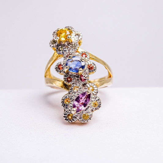 แหวนเงินแท้ 925 ฝังพลอย ทับทิมไทย(Siam Ruby)+ไพลิน(Blue Sapphire)+บุษราคัม(Yellow Sapphire)+แฟนซีแซฟไฟร์(Fancy Sapphire)
