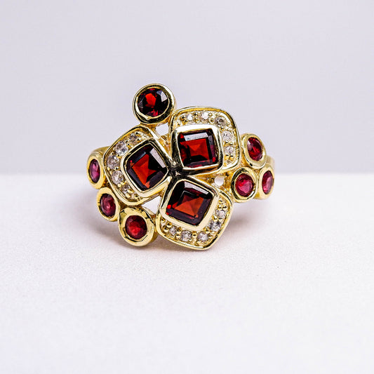 แหวนเงินแท้ 925 ฝังพลอย โกเมน (Garnet) + แซฟไฟร์ (Sapphire) + เซอร์คอน (Zircon)