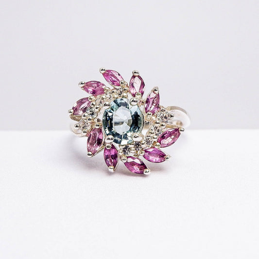 แหวนเงินแท้ 925 ฝังพลอย ทัวร์มาลีน (Tourmaline) + แซฟไฟร์ไทย (Thai Sapphire) + เซอร์คอน (Zircon)
