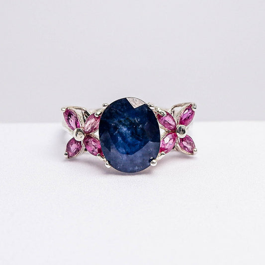 แหวนเงินแท้ 925 ฝังพลอย ไพลิน (Blue Sapphire) + ทับทิมไทย (Siam Ruby)