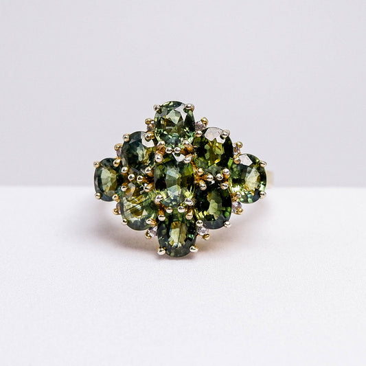 แหวนเงินแท้ 925 ฝังพลอย เขียวส่อง (greensapphire) + ไวท์โทพาส (whitetopaz)