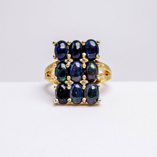 แหวนเงินแท้ 925 ฝังพลอย แบล็คโอปอล (Black Opal) + ไวท์โทพาส (whitetopaz)