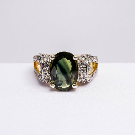 แหวนเงินแท้ 925 ฝังพลอย เขียวส่องบางกะจะ (greensapphire) + เซอร์คอน (Zircon)