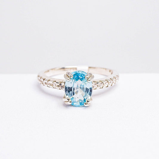 แหวนเงินแท้ 925 ฝังพลอย เพทายฟ้า (Blue Zircon) + เซอร์คอน (Zircon)