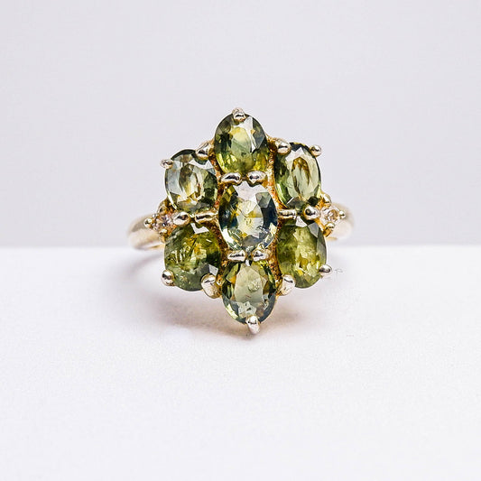 แหวนเงินแท้ 925 ฝังพลอย เขียวส่อง (green Sapphire) + เซอร์คอน (Zircon)