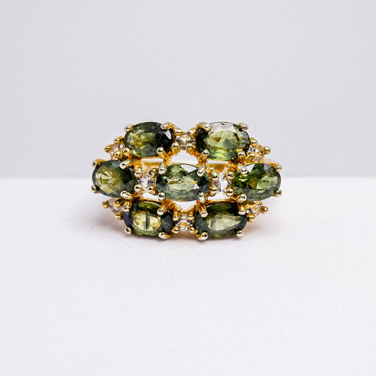 แหวนเงินแท้ 925 ฝังพลอย เขียวส่องบางกะจะ (green Sapphire) + ไวท์โทพาส (whitetopaz)