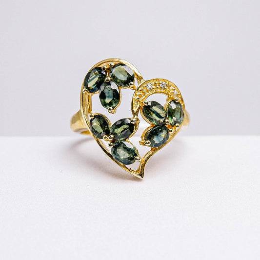 แหวนเงินแท้ 925 ฝังพลอย เขียวส่อง (green Sapphire) + เซอร์คอน (Zircon)