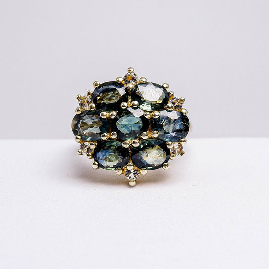 แหวนเงินแท้ 925 ฝังพลอย เขียวส่อง(green Sapphire) + ไวท์โทพาส(whitetopaz)