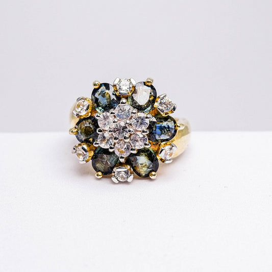 แหวนเงินแท้ 925 ฝังพลอย เขียวส่องบางกะจะ (green Sapphire) + เซอร์คอน (Zircon)