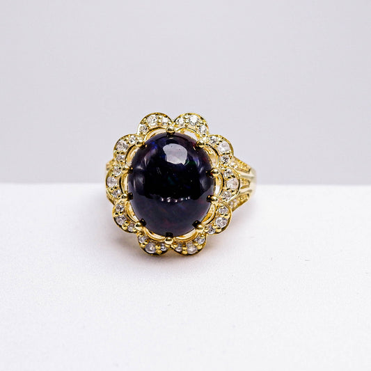 แหวนเงินแท้ 925 ฝังพลอย แบล็คโอปอล (Black Opal) + เซอร์คอน (Zircon)